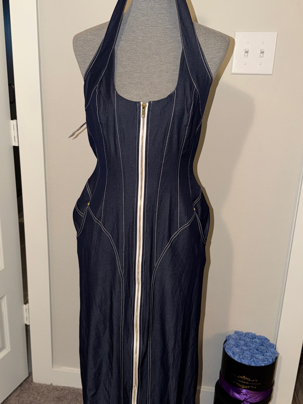 Dark Blue Denim Zip-Front Halter Overalls Dress - Picture 3 of 8